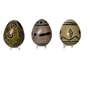 Hand Carved Painted Kenya Soapstone‎ Eggs 3" Set of 3